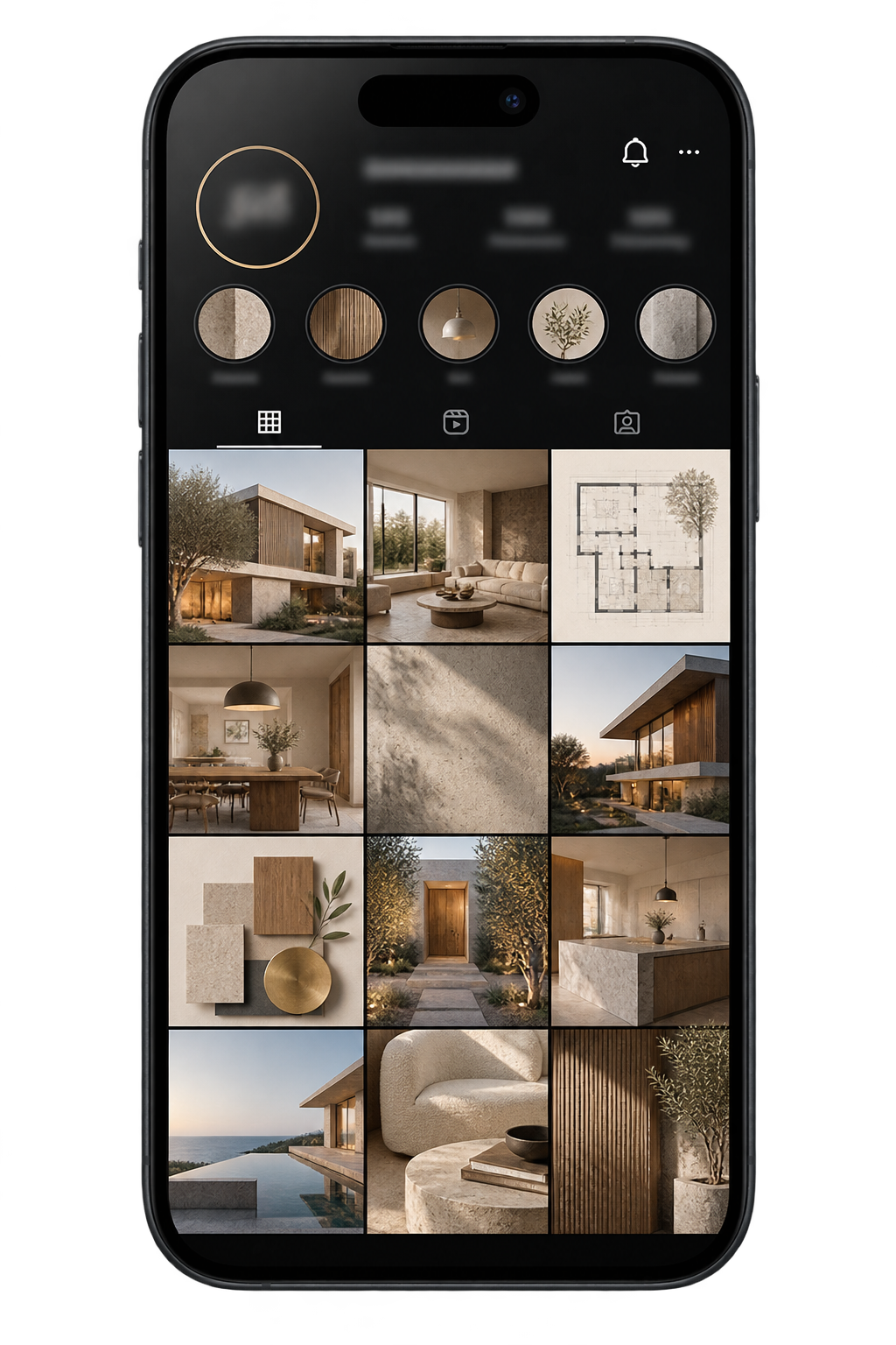 Celular exibindo um feed conceitual para um escritório de arquitetura