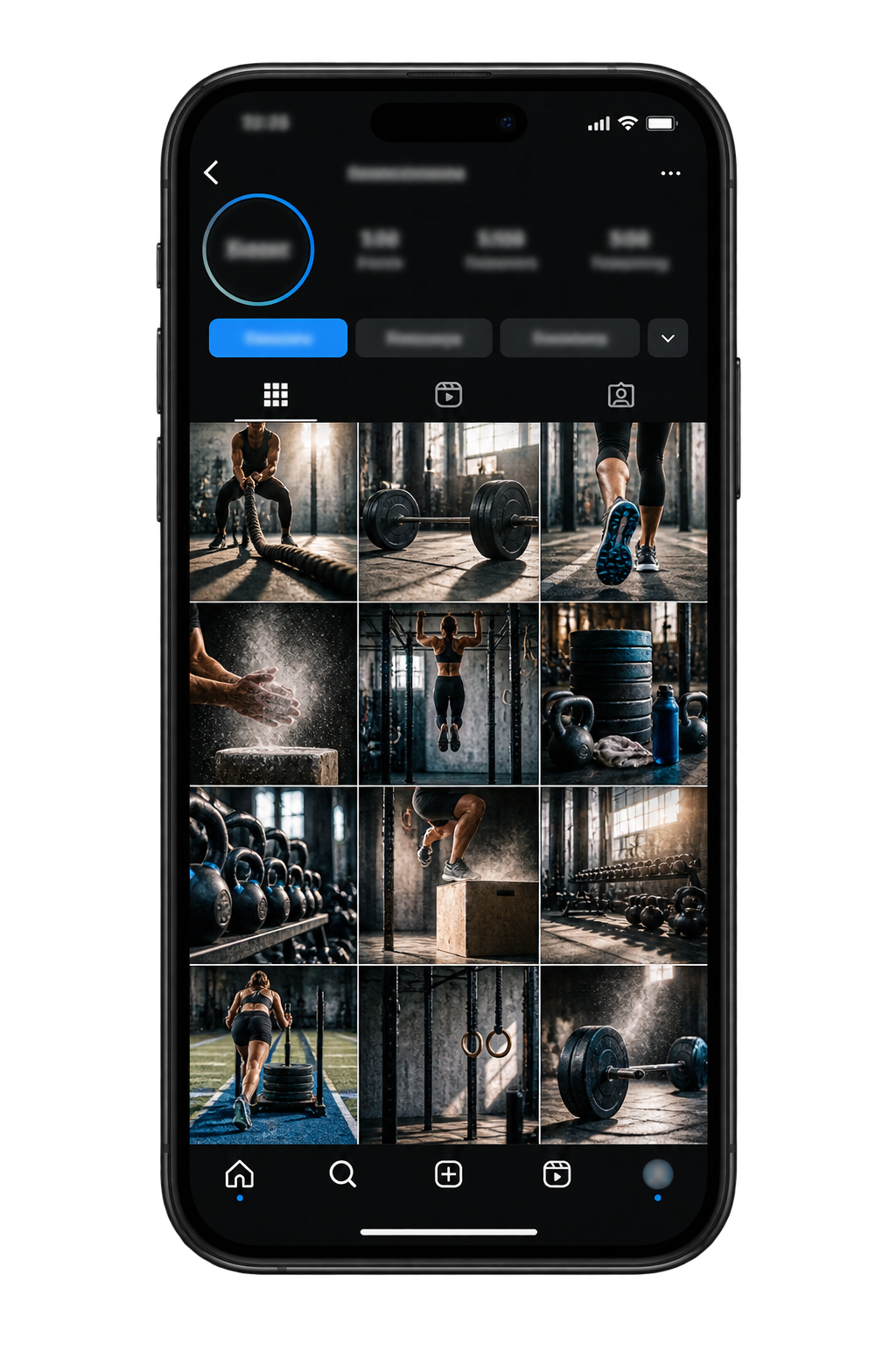 Celular exibindo um feed enérgico para um estúdio fitness