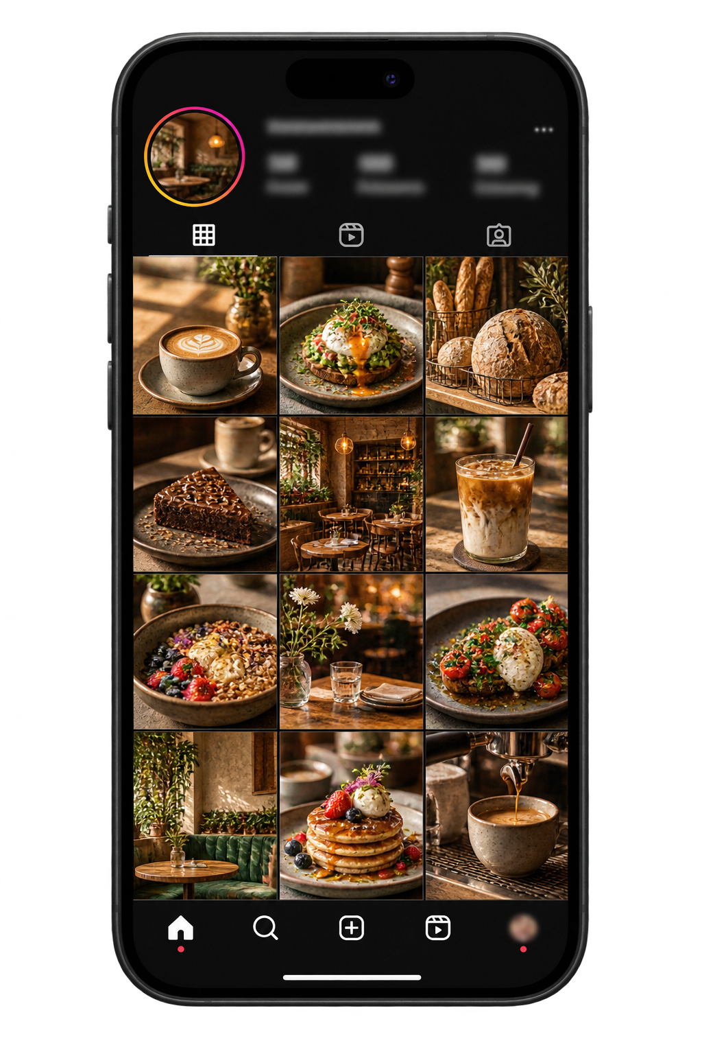 Celular exibindo um feed acolhedor para um café e bistrô